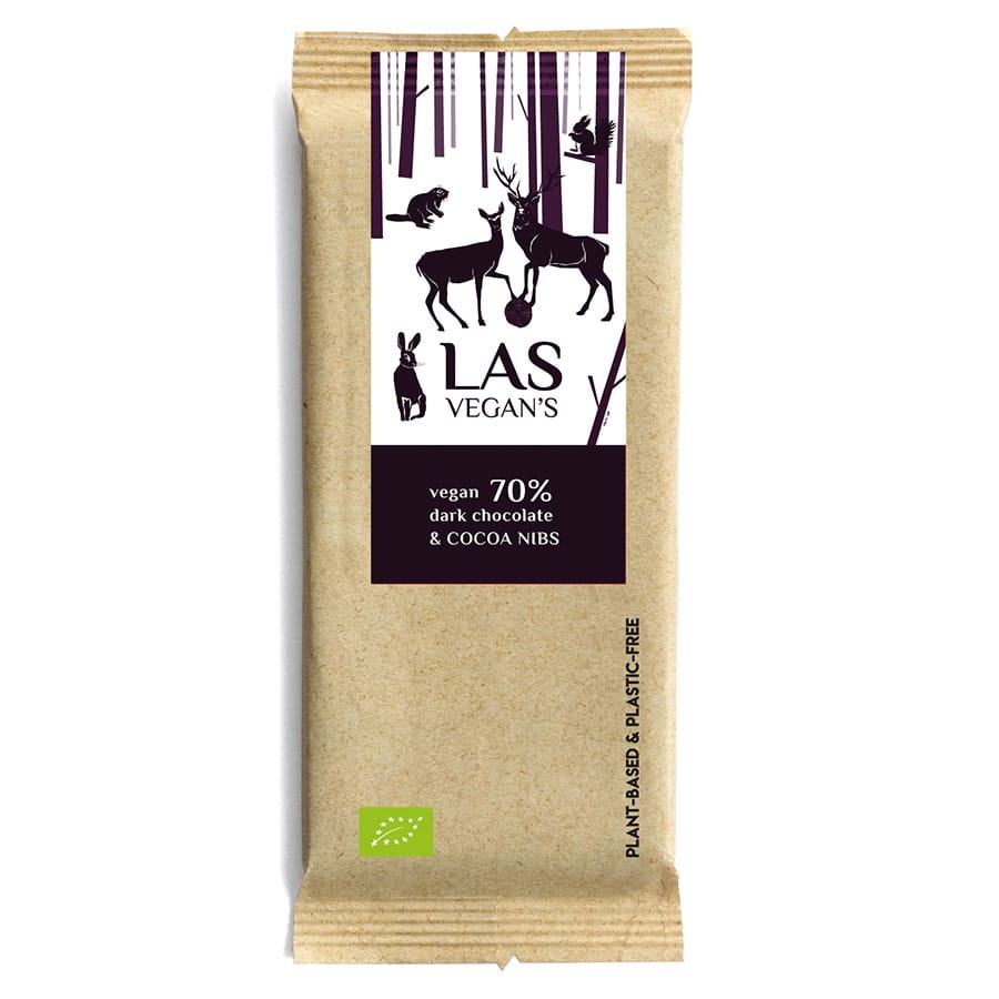 Chocolat végétalien aux fèves de cacao concassées 70% 50g LAS VEGANS