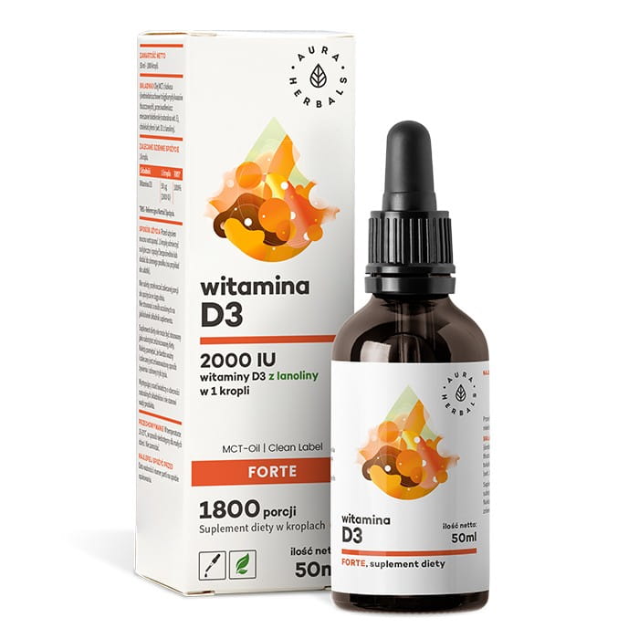 Vitamine D3 FORTE 2000 ui sur huile MCT (1800 portions) - gouttes 50 ml AURA HERBALS