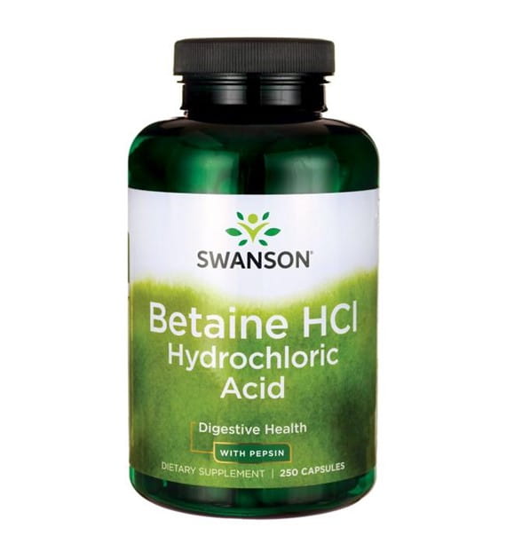 325 mg de chlorhydrate de bétaïne avec pepsine 82 mg d'acide chlorhydrique avec pepsine 250 gélules SWANSON