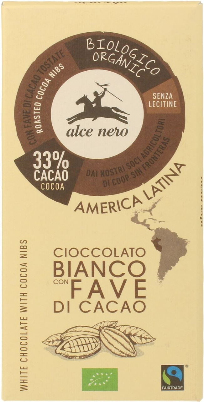 Chocolat blanc aux morceaux de cacao commerce équitable BIO 100 g - ALCE NERO