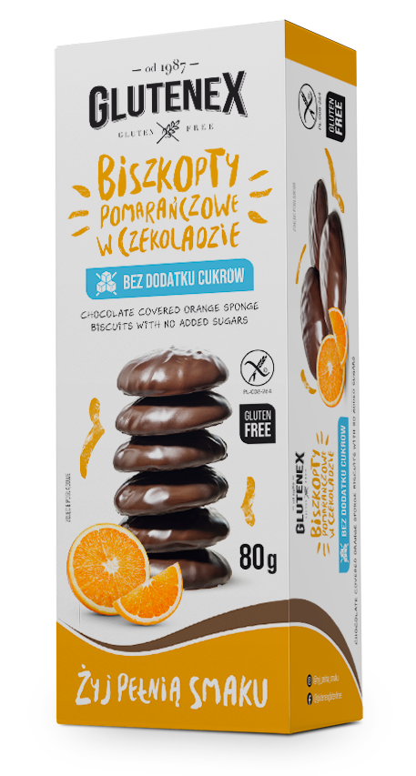 BISCUITS À L'ORANGE ENROBÉS DE CHOCOLAT, SANS SUCRE AJOUTÉ, SANS GLUTEN, 80 g - GLUTENEX DDM: 11-2026