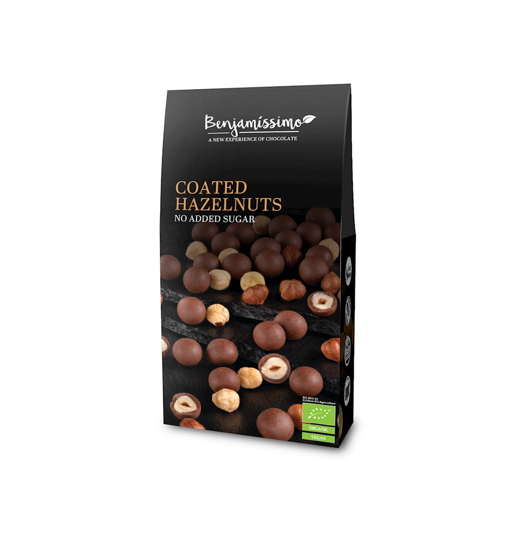 NOISETTES ENROBÉES DE CHOCOLAT PRALINÉ, SANS SUCRE AJOUTÉ, SANS GLUTEN, BIO, 60 g - BENJAMISSIMO DDM: 11-2026