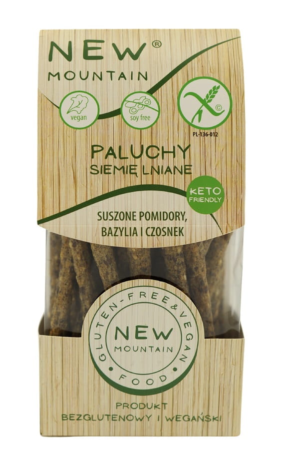 BÂTONNETS AU GRAIN DE LIN, AUX TOMATES, À L'AIL ET AU BASILIC, SANS GLUTEN, 200 g - NEW MOUNTAIN DDM: 09-2026