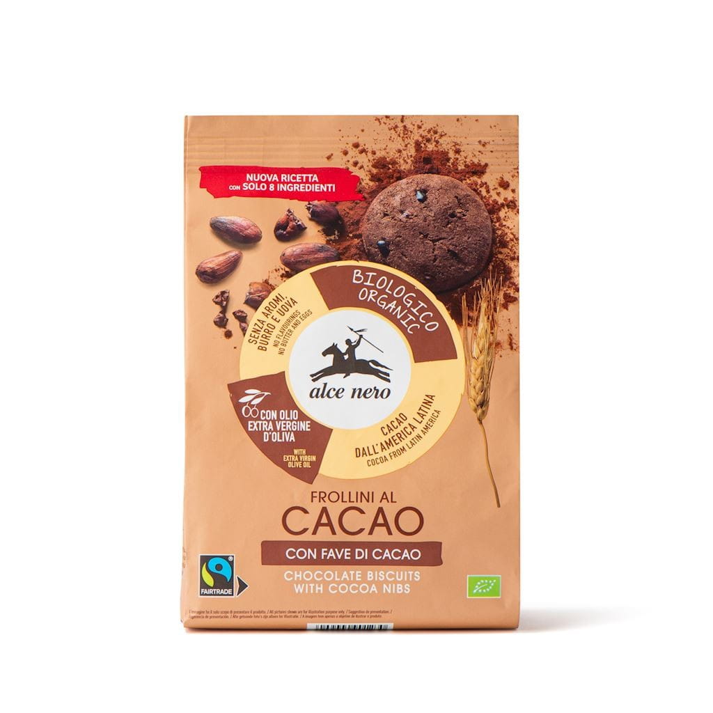 BISCUITS AU CACAO AVEC DES GRAINES DE CACAO ISSUS DU COMMERCE ÉQUITABLE ET DE L'AGRICULTURE BIOLOGIQUE 250 g - ALCE NERO DDM: 11-2026