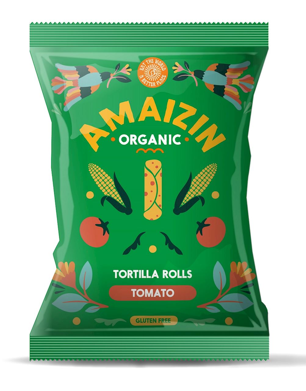 CHIPS DE MAÏS ROLLS À LA TOMATE, SANS GLUTEN, BIO, 100 g - AMAIZIN DDM: 11-2026