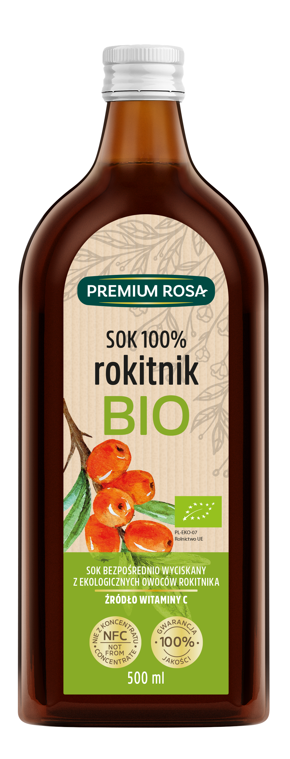 Jugo de espino amarillo 100% ORGÁNICO sin azúcar 500 ml PREMIUM ROSA
