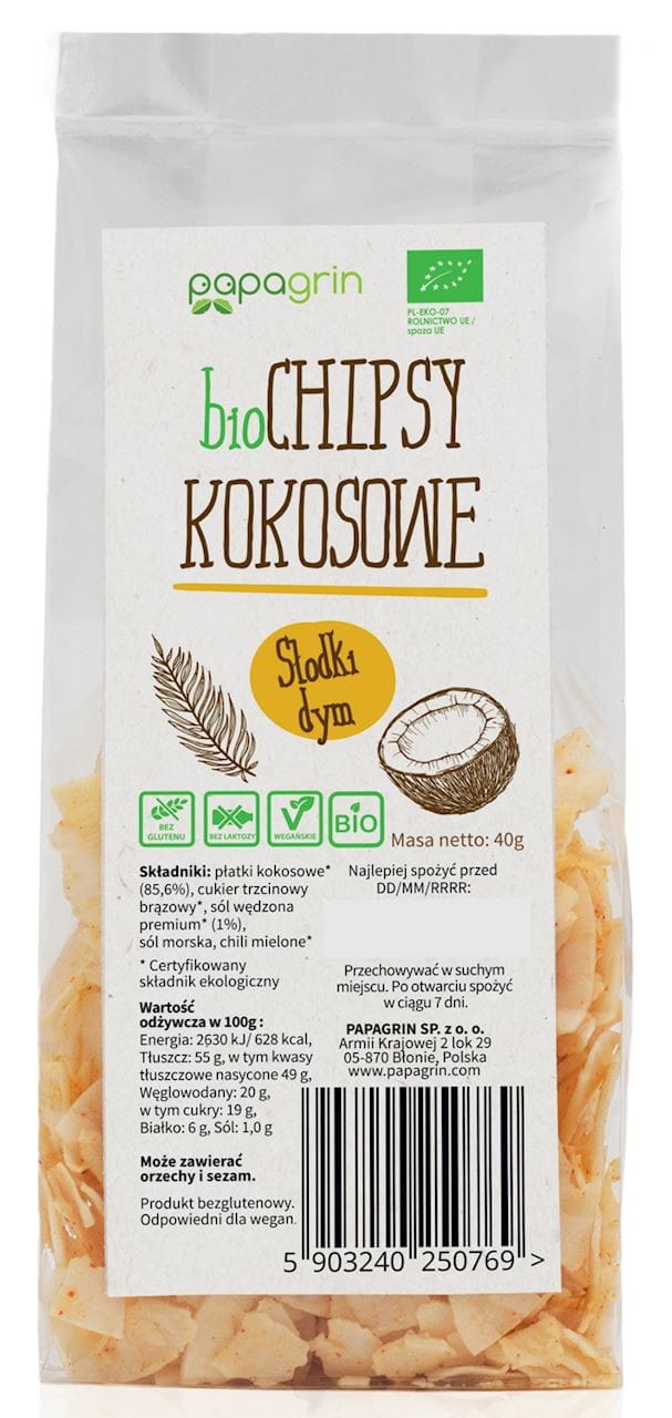Chips de noix de coco fumée douce BIO 40 g - PAPAGRIN