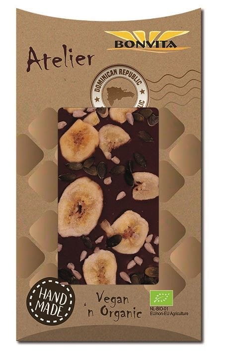 Chocolat sans gluten aux chips de banane, graines de courge et de tournesol BIO 90 g - BONVITA