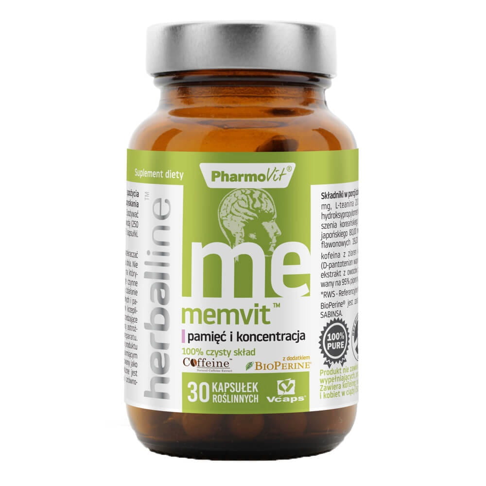 Memvit mémoire et concentration avec addition de biopérine et de caféine anhydre 30 vcaps PHARMOVIT HERBALLINE gélules