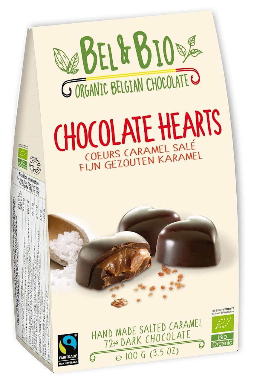 Chocolats cœur belges au caramel et fleur de sel commerce équitable sans gluten BIO 100 g - BEL & bio