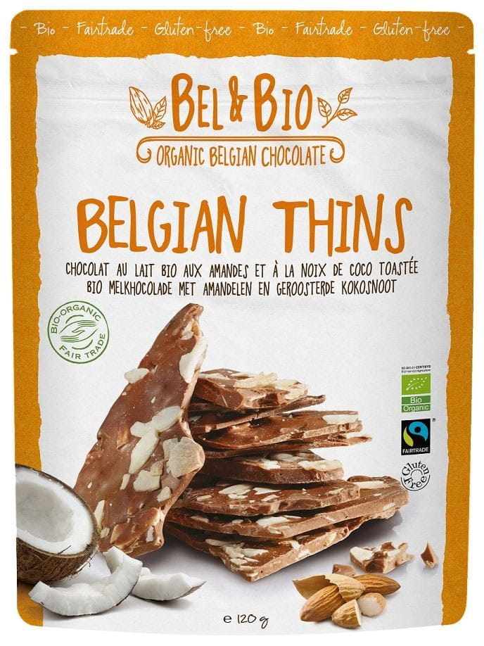 Morceaux de chocolat au lait aux amandes et noix de coco sans gluten BIO 120 g - BEL & bio