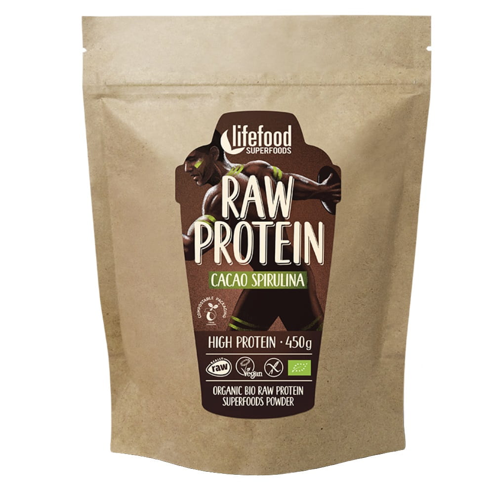 Protéine végétale crue au cacao et à la spiruline BIO sans gluten 450 g - LIFEFOOD