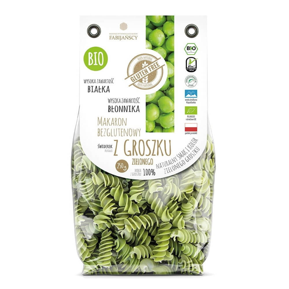 Pâtes (de pois verts), fusilli, sans gluten BIO 250 g - FABIJAŃSCY