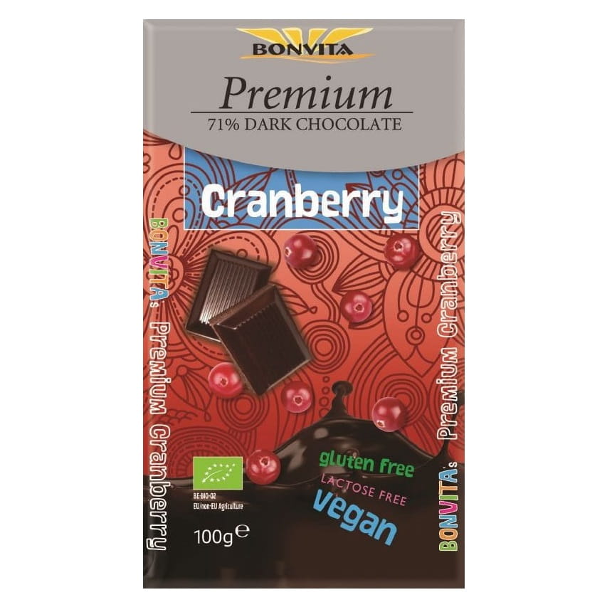 Chocolat noir premium 71% aux canneberges sans lactose sans gluten BIO 100 g - BONVITA