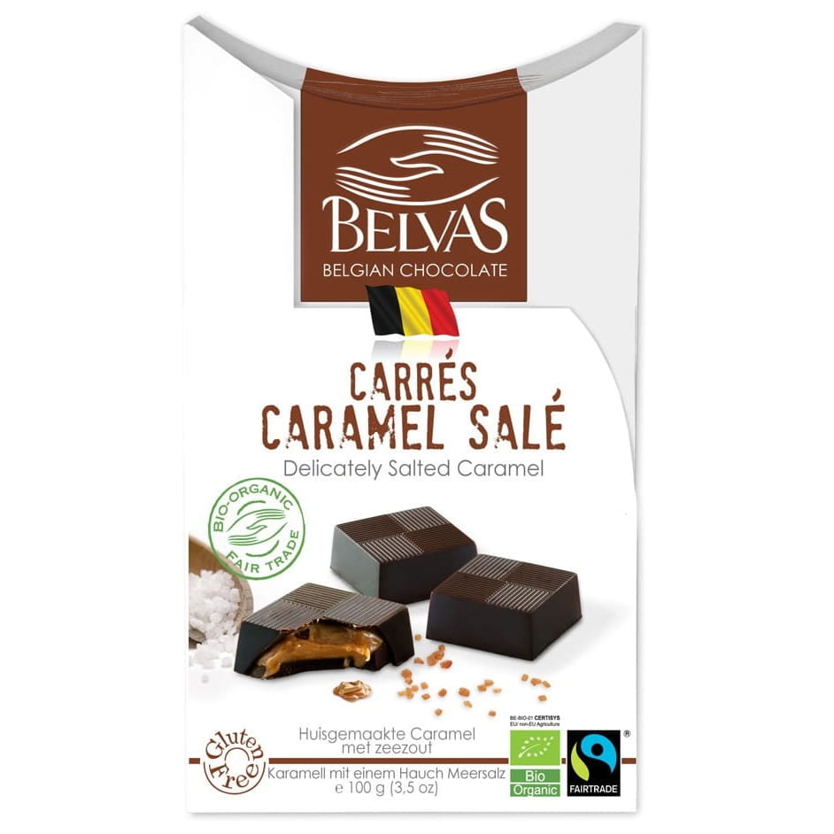 Chocolats belges caramel et sel sans gluten commerce équitable BIO 100g - BELVAS