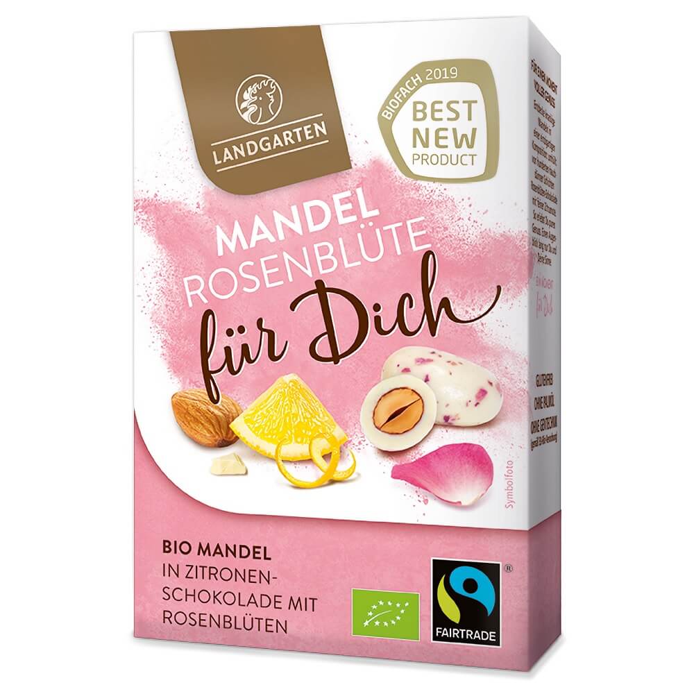Chocolat blanc amandes torréfiées saveur citron aux pétales de roses sans gluten BIO 90 g - LANDGARTEN