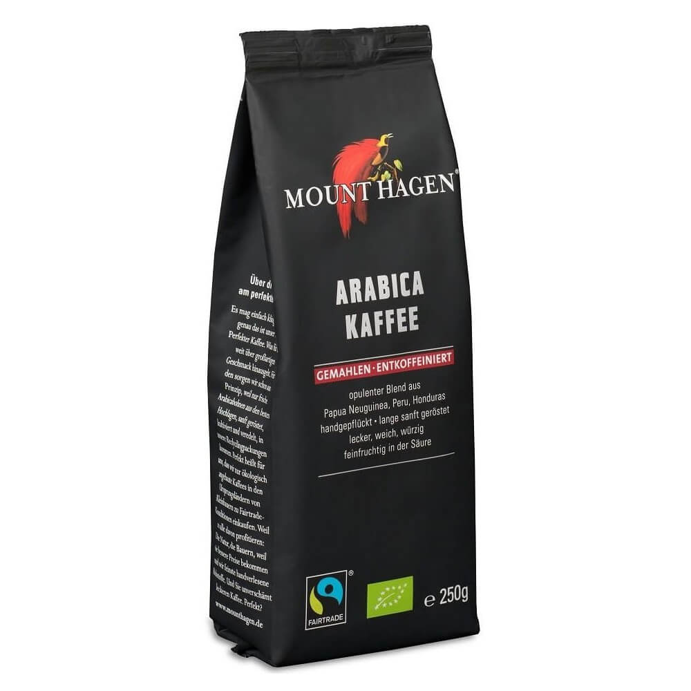 Café moulu Arabica, torréfié décaféiné, commerce équitable BIO 250 g - MOUNT HAGEN