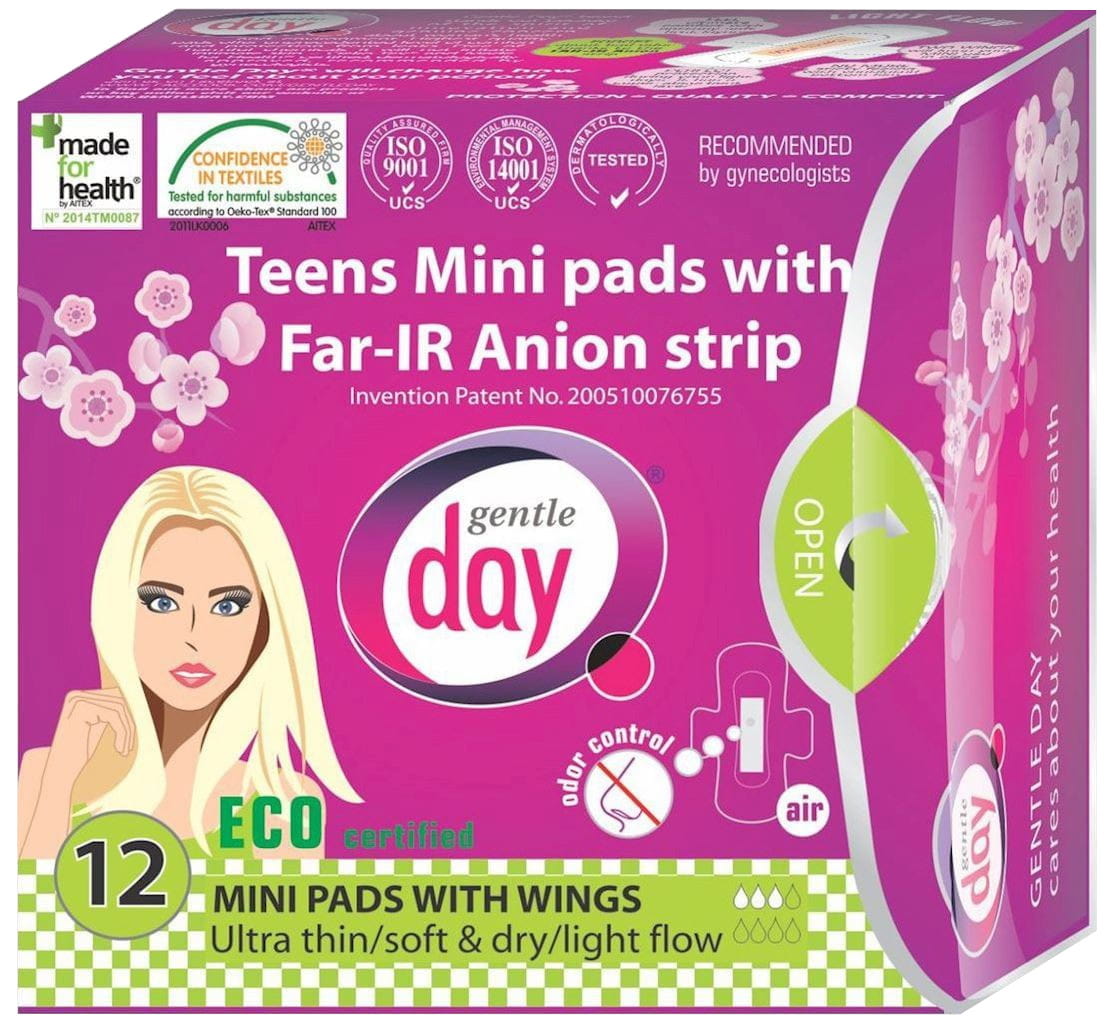Mini serviettes hygiéniques avec attache anion (ados) 12 pièces - GENTLE DAY