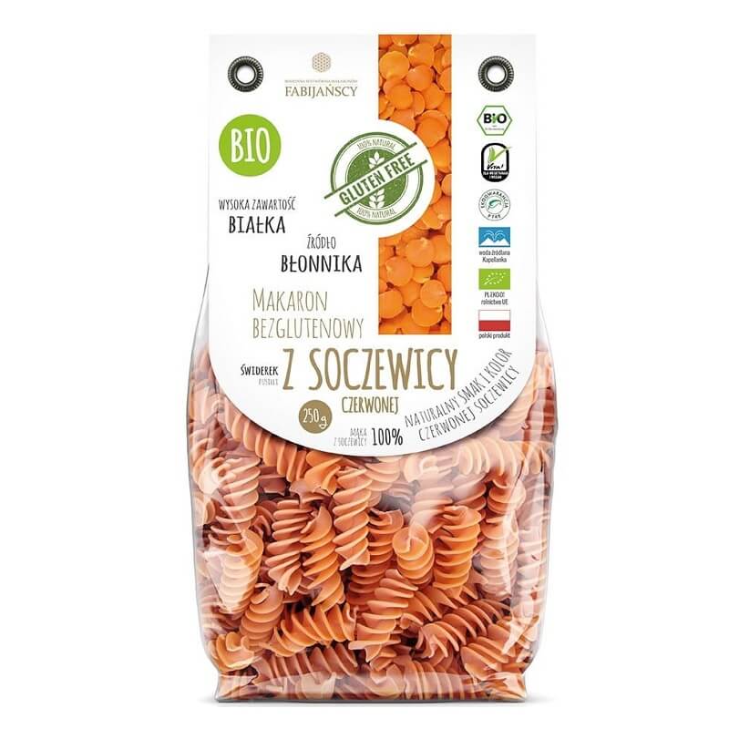 Pâtes (lentilles rouges), fusilli, sans gluten BIO 250 g - FABIJAŃSCY