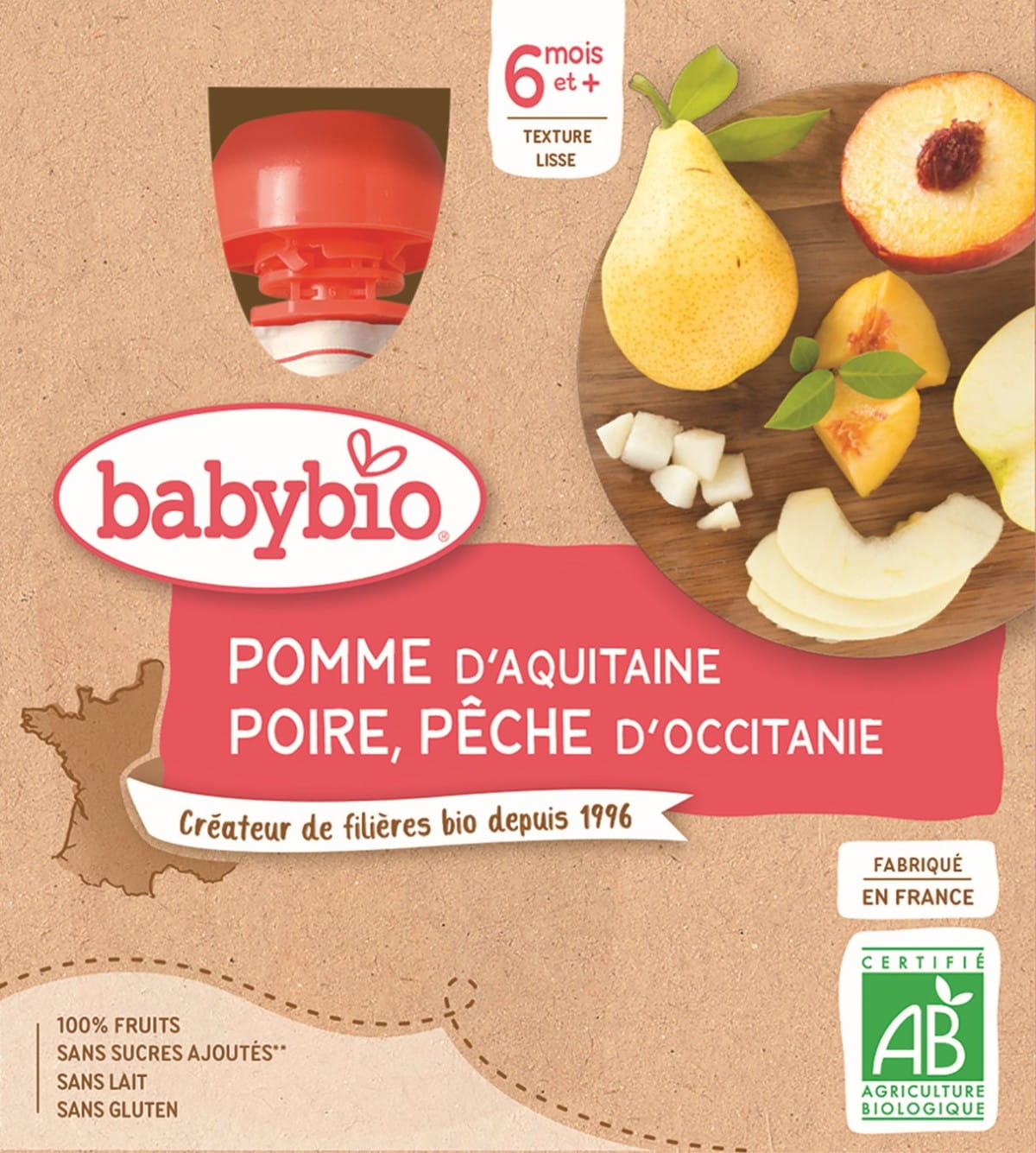 Dessert pomme - poire - pêche dès 6 mois sans gluten BIO 4x90 g BABYBIO