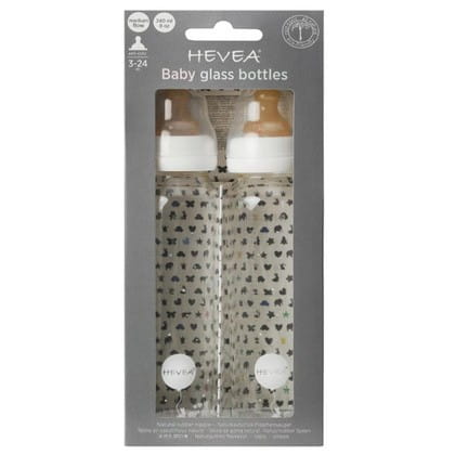 Biberon en verre avec tétine en caoutchouc, blanc 3 - 24 mois, 240 ml (2 pièces) - HEVEA