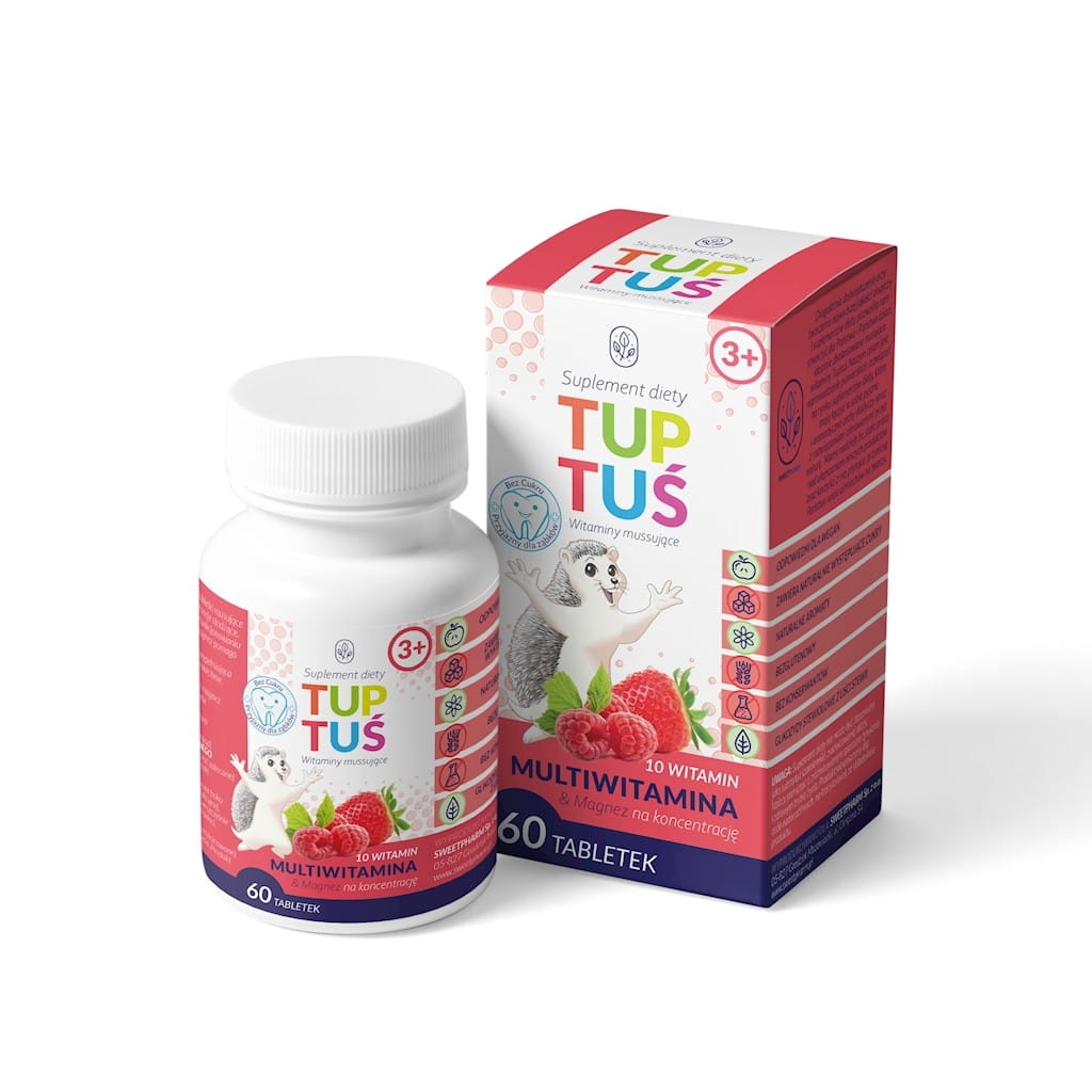 Multivitamines au magnésium, saveur fraise-framboise pour la concentration pour les enfants à partir de 3 ans 60 comprimés effervescents - TUPTUŚ