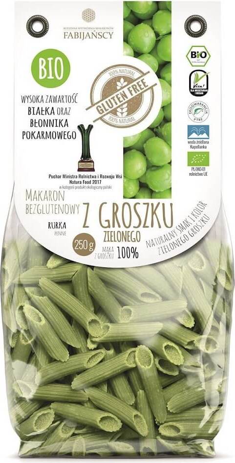 Pâtes aux pois verts, penne tube, sans gluten BIO 250 g FABIJAŃSCY