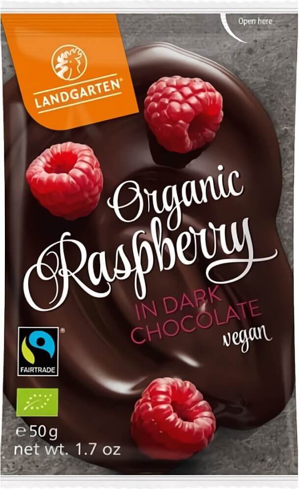 Framboises lyophilisées au chocolat noir équitable sans gluten BIO 50 g - LANDGARTEN