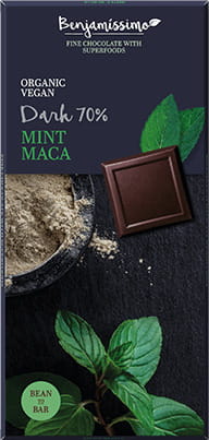 Chocolat amer végétalien sans gluten à la menthe et maca BIO 70 g HAPPY BENJAMINO