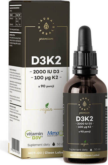 Vitamine D3 D - 3 2000iu + K - 2 K2MK7 100 mcg liquide 50 ml AURA HERBALS PREMIUM