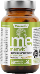 Memvit mémoire et concentration avec ajout de biopérine et de caféine anhydre 60 gélules de vcaps PHARMOVIT HERBALLINE