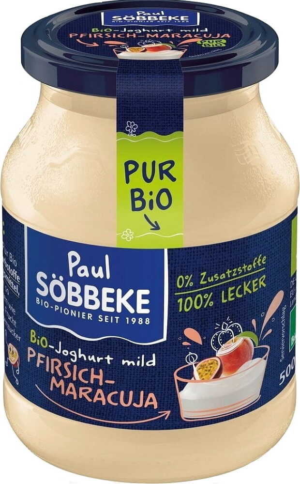 Yaourt crémeux pêche - fruit de la passion (38% de matière grasse dans le lait) BIO 500 g (pot) - SOBBEKE