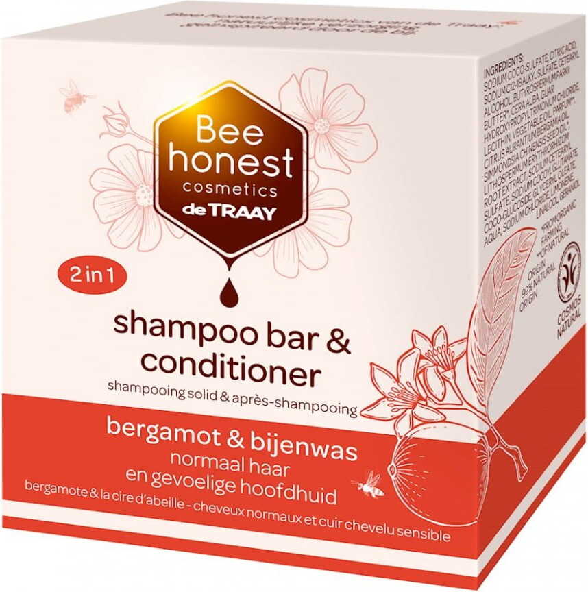 Shampooing et revitalisant 2 en 1 pour cheveux normaux et sensibles dans une barre de bergamote et de cire d'abeille écologique 80 g - BEE HONEST