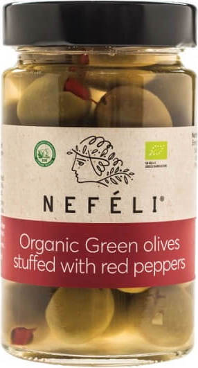 Olives vertes farcies au poivron rouge en cornichon BIO 300 g - NEFELI