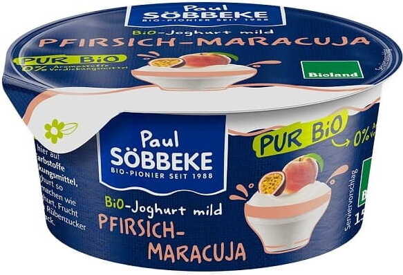 Yaourt crémeux pêche - fruit de la passion (38% de matière grasse dans le lait) BIO 150 g - SOBBEKE