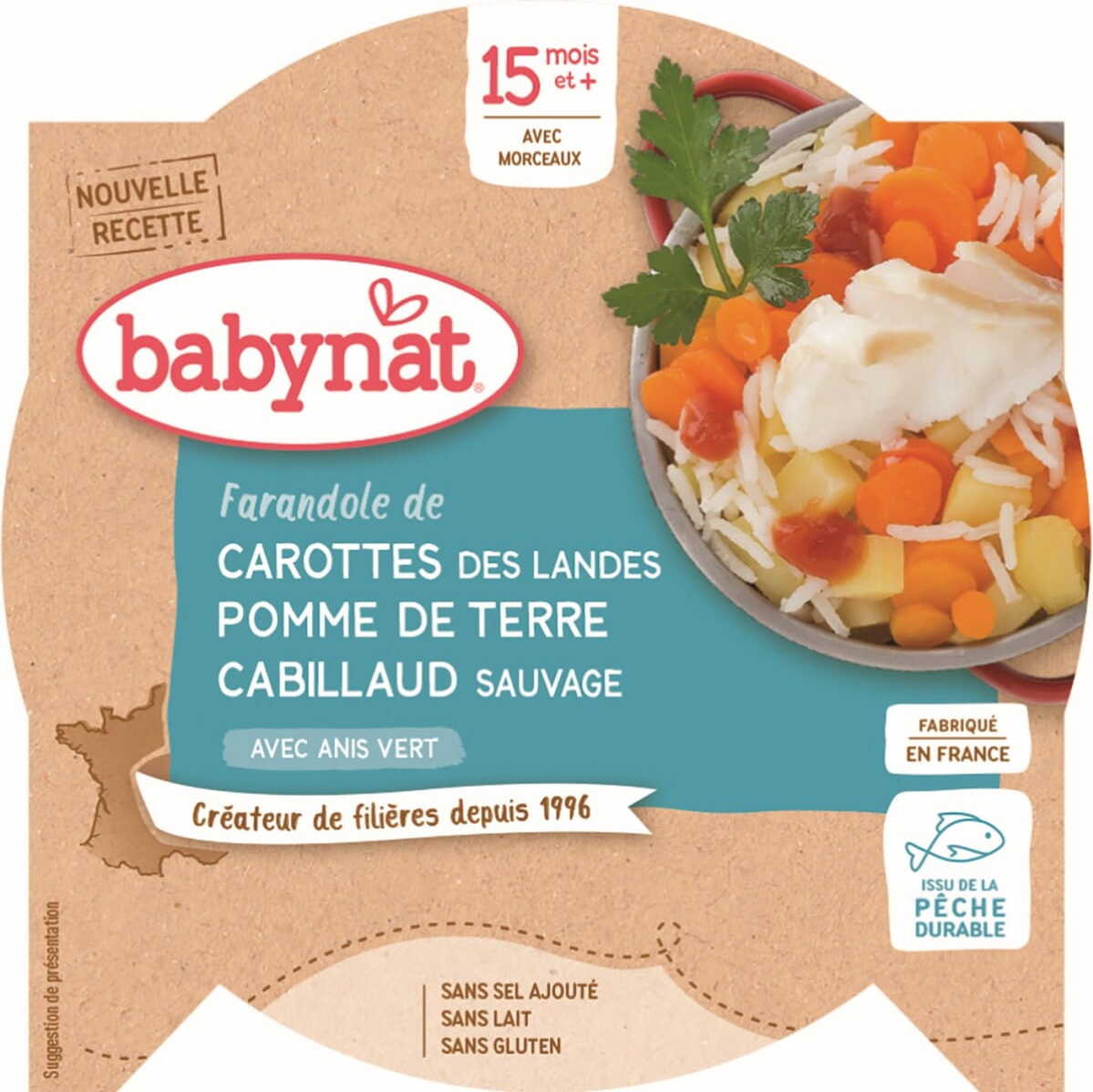 Plat de mélange de légumes au cabillaud et riz dès 15 mois sans gluten 260 g BABYBIO babynat