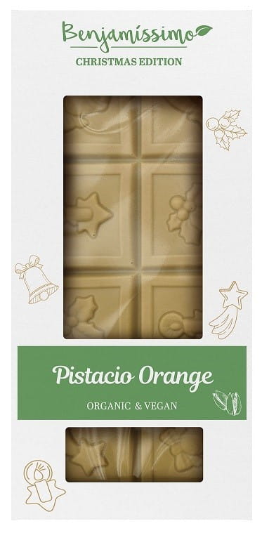 Chocolat blanc végétalien de Noël saveur pistache et orange BIO 60 g BIOBENJAMIN