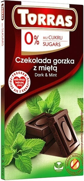 Chocolat amer à la menthe noir & menthe 0% sucre sans gluten 75 g TORRAS