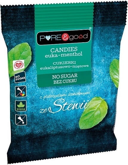 Bonbons à l'eucalyptus et à la menthe sans sucre avec des glycosides de stéviol de bonbons à la stévia euka - menthol 50 g PURE & GOOD