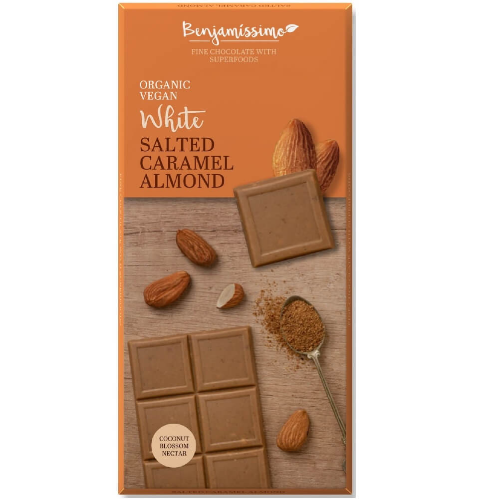 Chocolat blanc vegan, caramel salé aux amandes BIO sans gluten 70 g HAPPY BENJAMINO