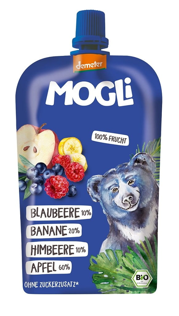 Purée de fruits pomme - banane - myrtille - framboise sans sucres ajoutés BIO 120 g - MOGLI