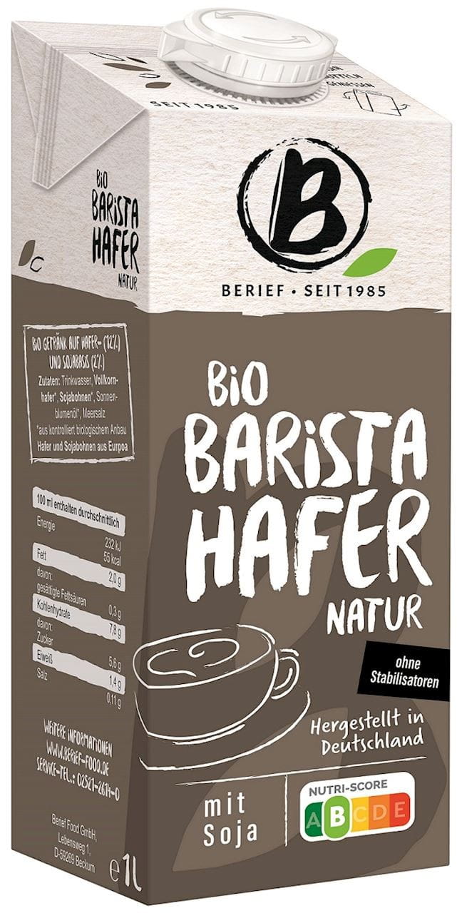 Boisson à l'avoine - soja barista sans sucres ajoutés BIO 1000 ml - BERIEF