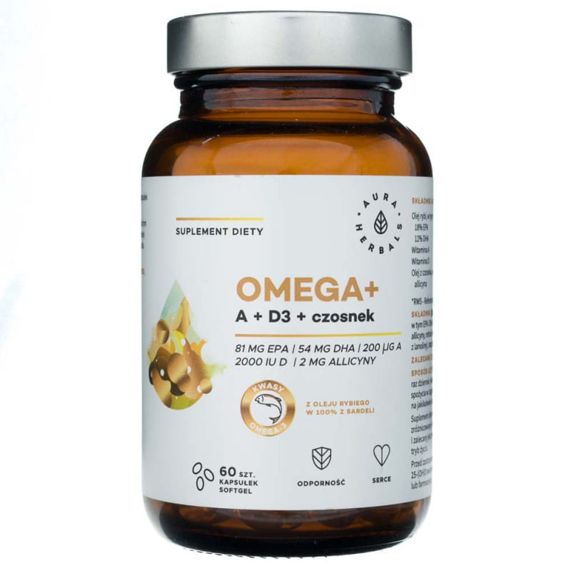 Oméga + vitamine A + vitamine D3 + ail 60 gélules de softgel AURA HERBALS