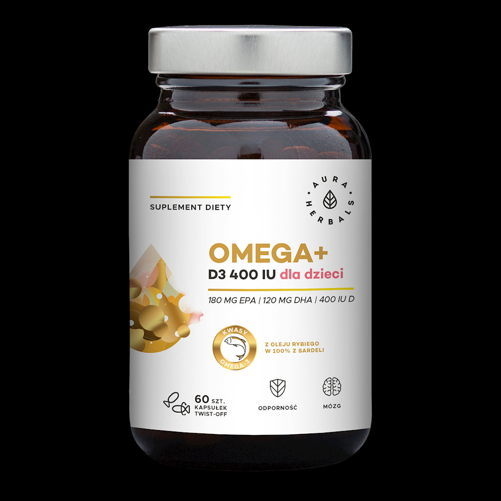 Omega et pour nouveau-nés, nourrissons et enfants gélules dévissables OMEGA 3 180 EPA 120 DHA et vitamine D3 400 i en 60 gélules AURA HERBALS