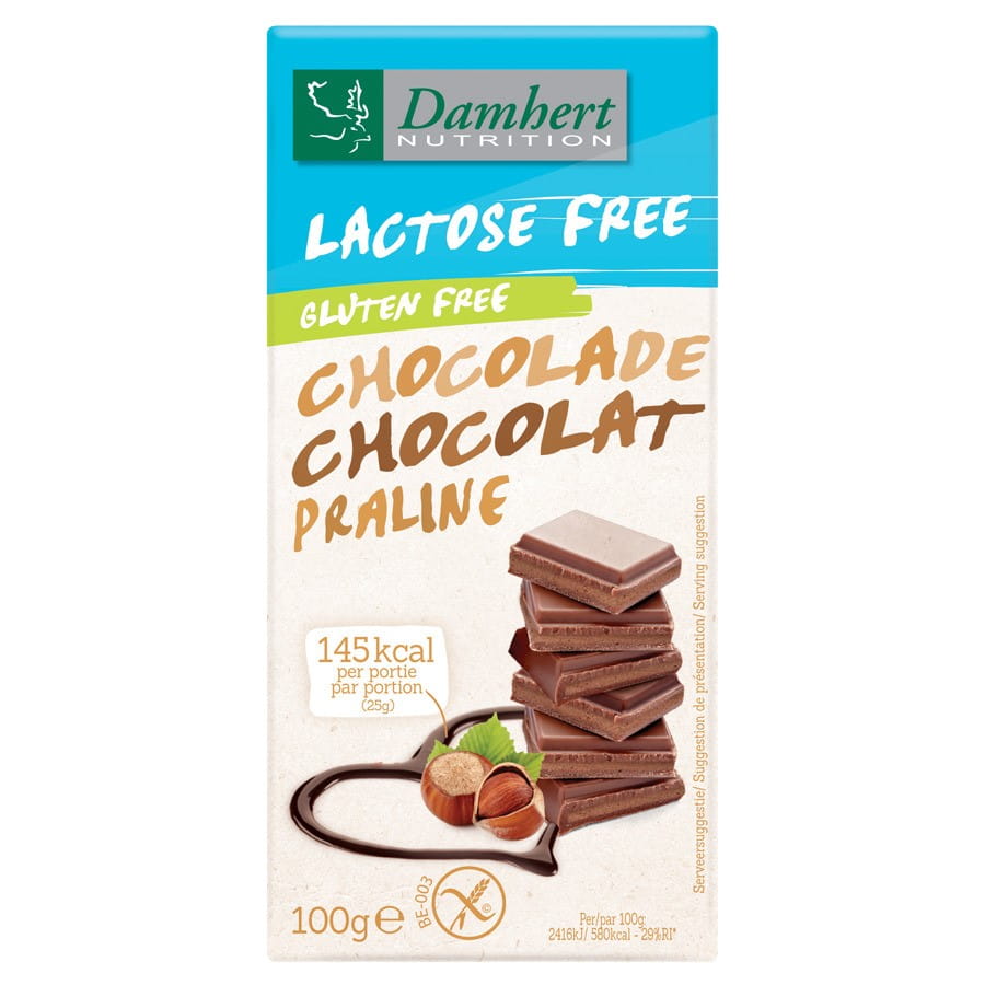 Chocolat au lait fourré praliné sans lactose et sans gluten 100g DAMHERT