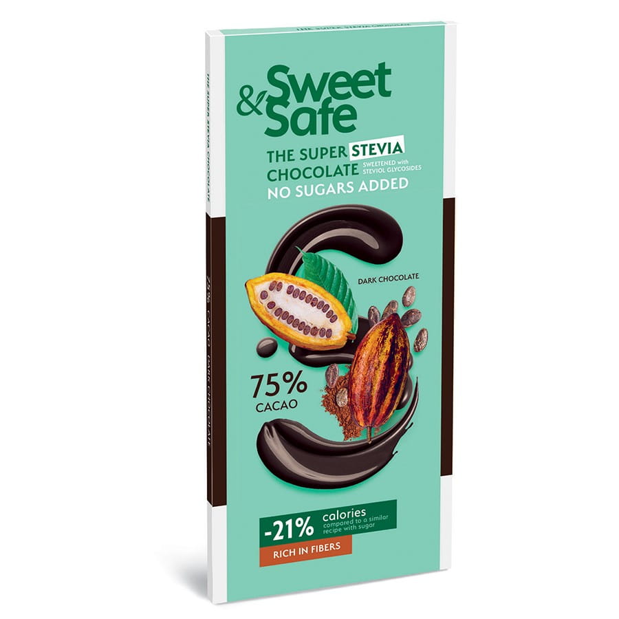 Chocolat noir 75% de cacao sucré à la stévia 90g SWEET & SAFE