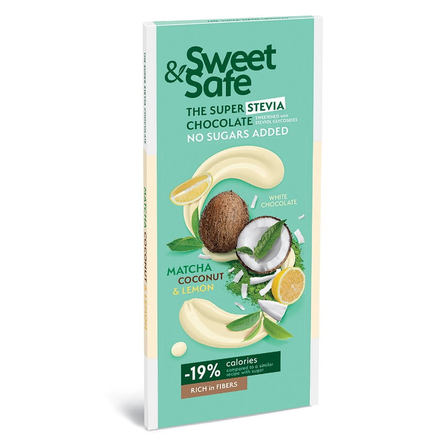 Chocolat blanc - noix de coco matcha et citron sucré à la stévia 90g SWEET & SAFE