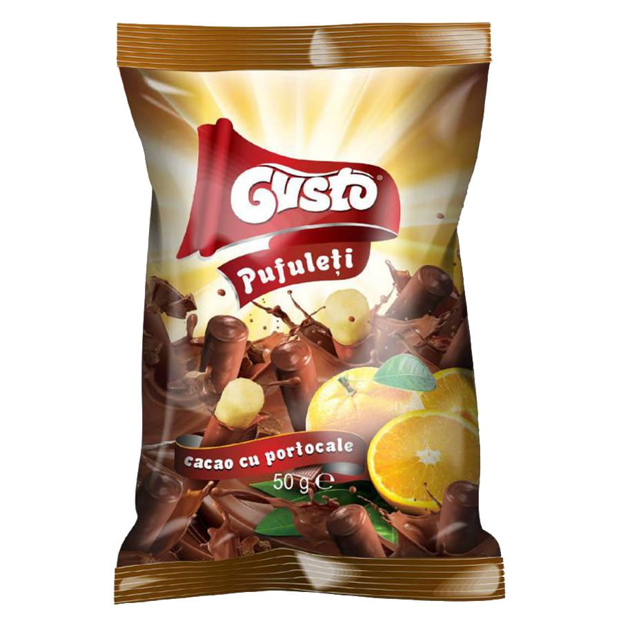 Chips de maïs au chocolat, saveur orange 50g GUSTO PUFULETI