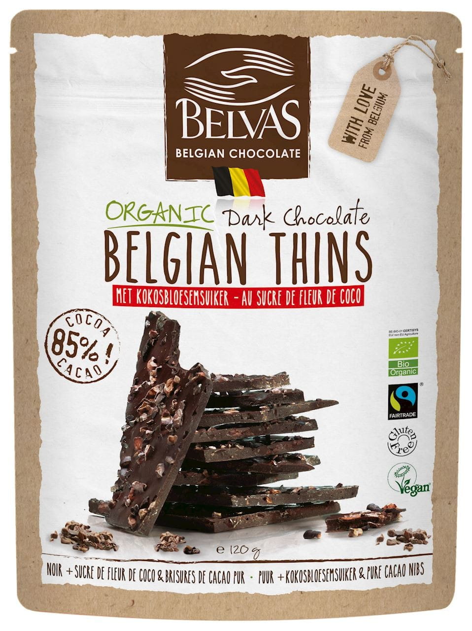 Morceaux de chocolat noir 85% aux fèves de cacao concassées commerce équitable sans gluten BIO 120 g - BELVAS