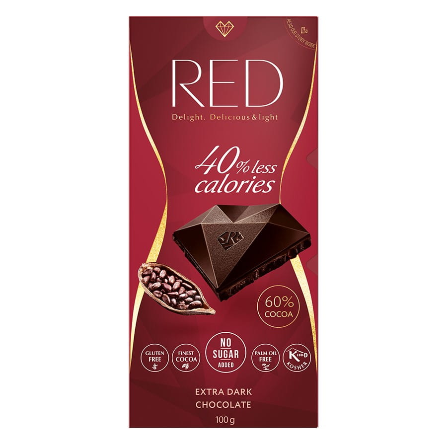Chocolat extra noir 60% cacao 40% moins de calories 100g RED DELIGHT